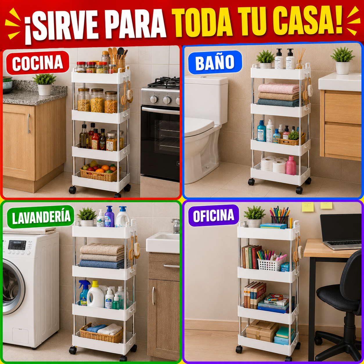 🛒 Carrito Organizador Multiusos de 4 Niveles con Ruedas | Cocina, Baño y Lavandería