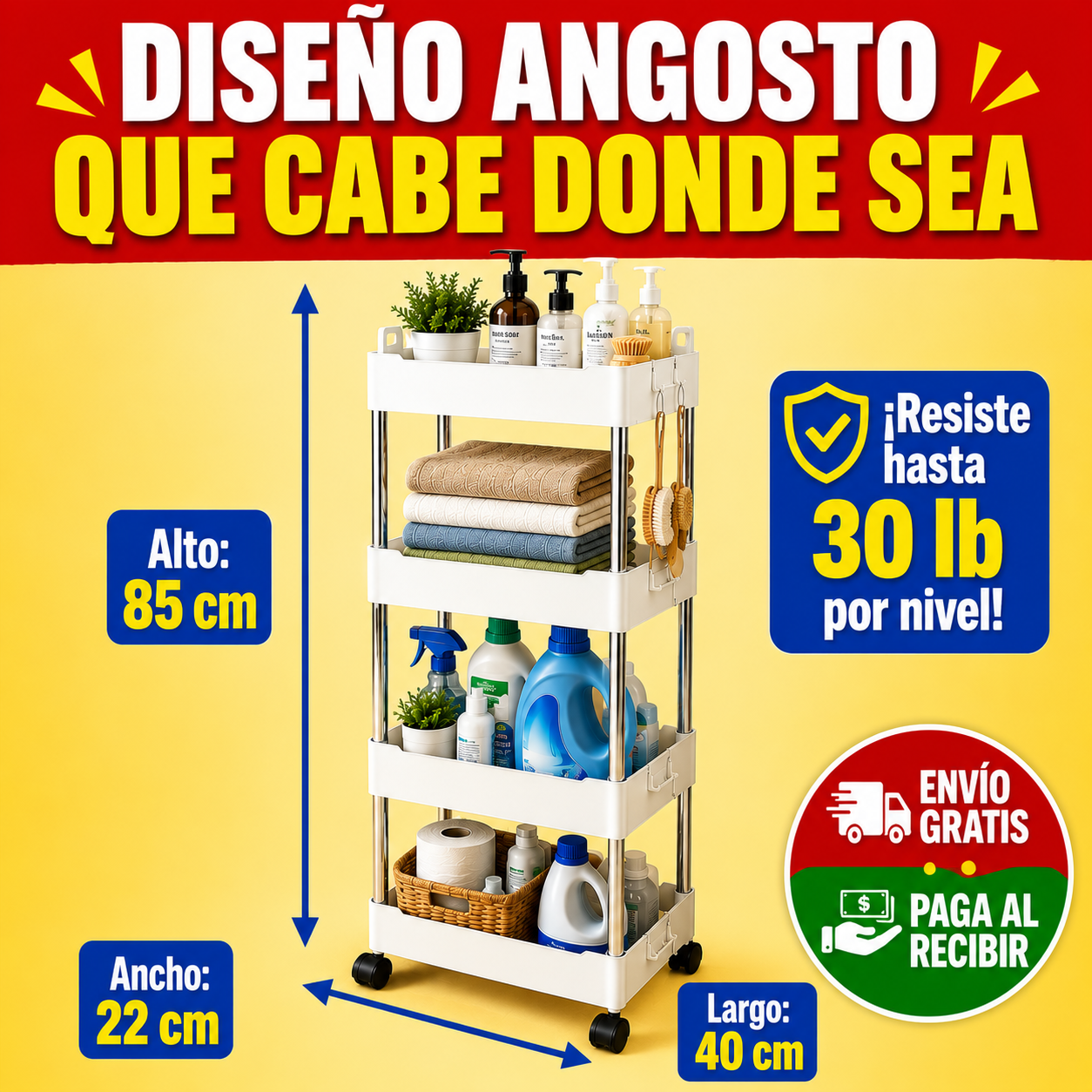 🛒 Carrito Organizador Multiusos de 4 Niveles con Ruedas | Cocina, Baño y Lavandería