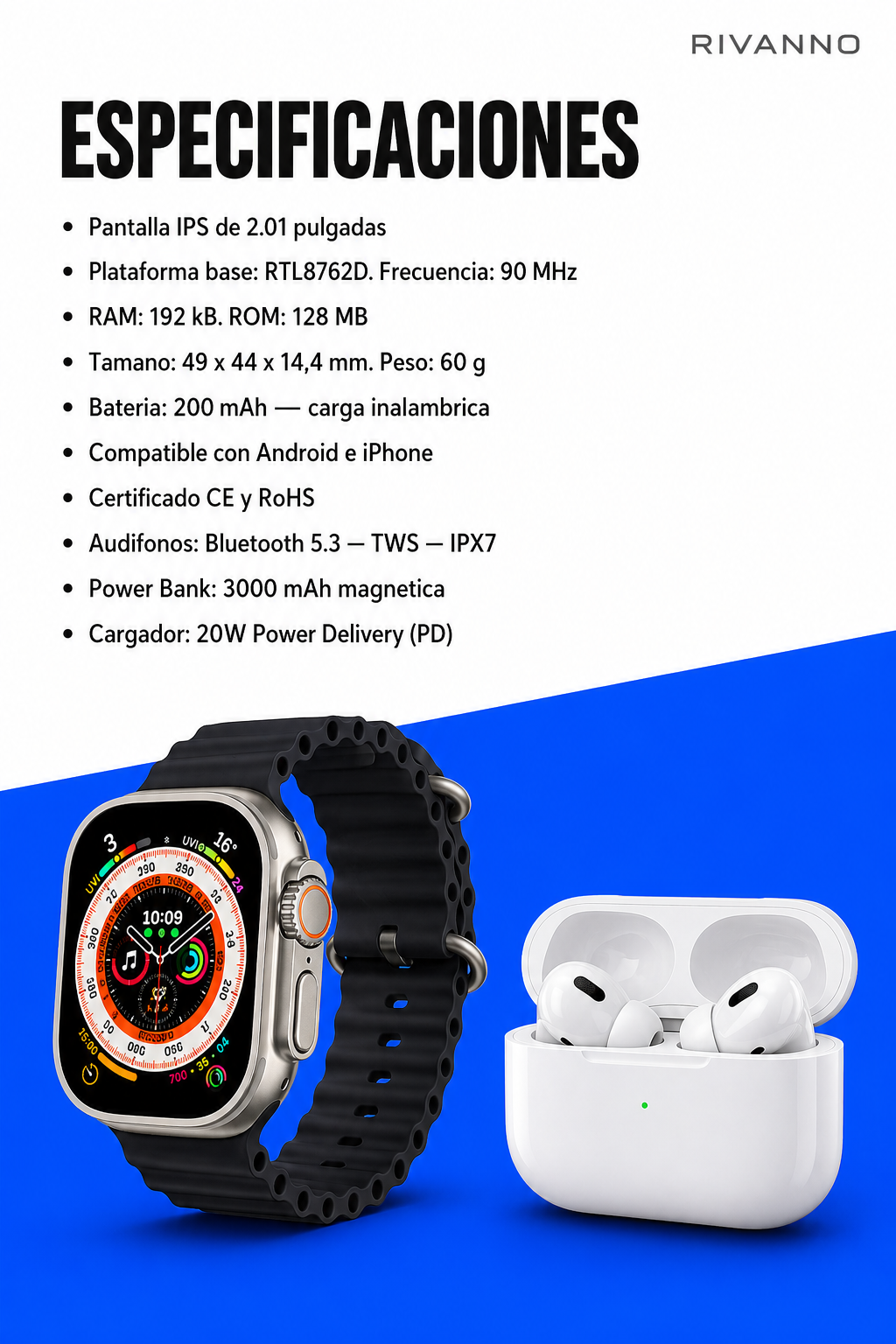 Combo 8 en 1 Ultra – Smartwatch + Audífonos Bluetooth + PowerBank⚡