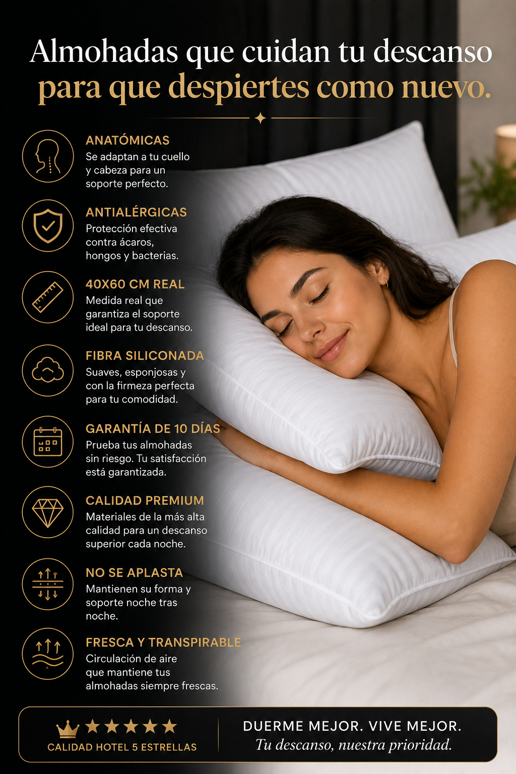 ✨ Set x3 Almohadas Premium Hoteleras 40×60 cm | Fibra Siliconada Antialérgica