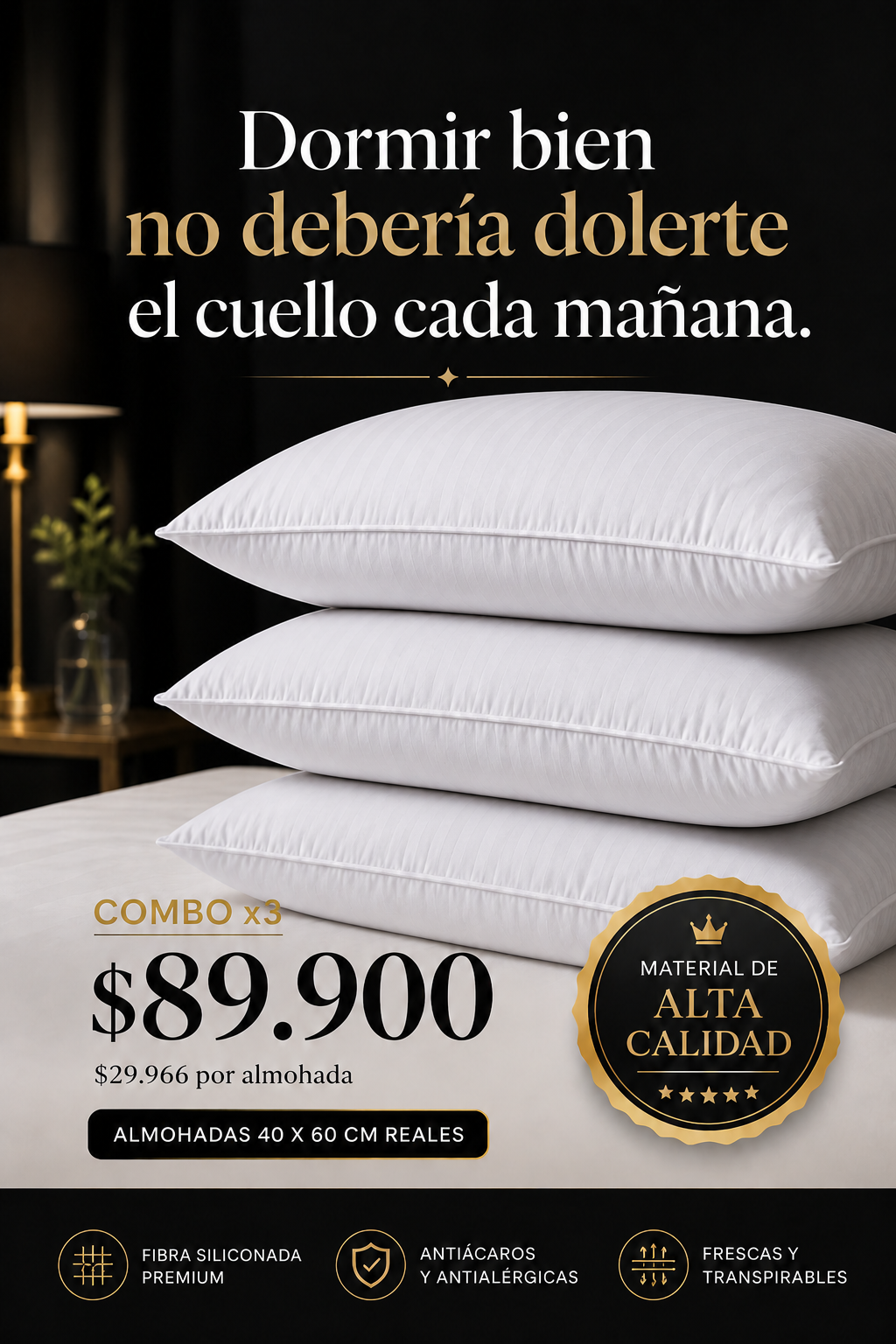 ✨ Set x3 Almohadas Premium Hoteleras 40×60 cm | Fibra Siliconada Antialérgica